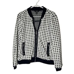 Jones New York Womens Blue White‎ Grid Mesh Bomber Jacket Size Medium Zip Front